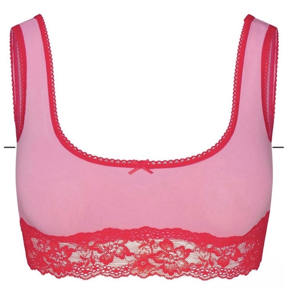 Skims Lightweight Cotton Lace Scoop Bralette - New - Pink Red - Small